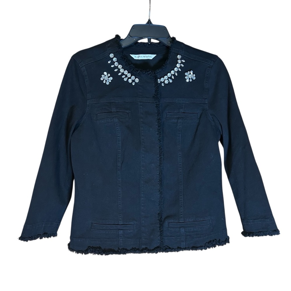 Bianca Nygard Vtg Black Embellished Denim‎ Jacket Rhinestone Floral Sz Missy NWT